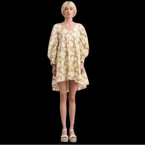 Lena White & Yellow Floral Peony Babydoll High Low Puffy Long Sleeve Dress M